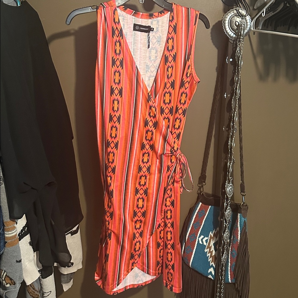 Orange and Red Patterned Wrap Dress